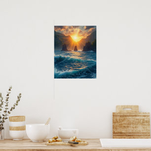 Poster Coucher de soleil doré sur la montagne côtière de