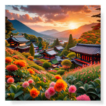 Coucher de soleil doré sur le jardin floral japona