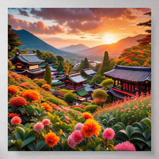 Poster Coucher de soleil doré sur le jardin floral japona