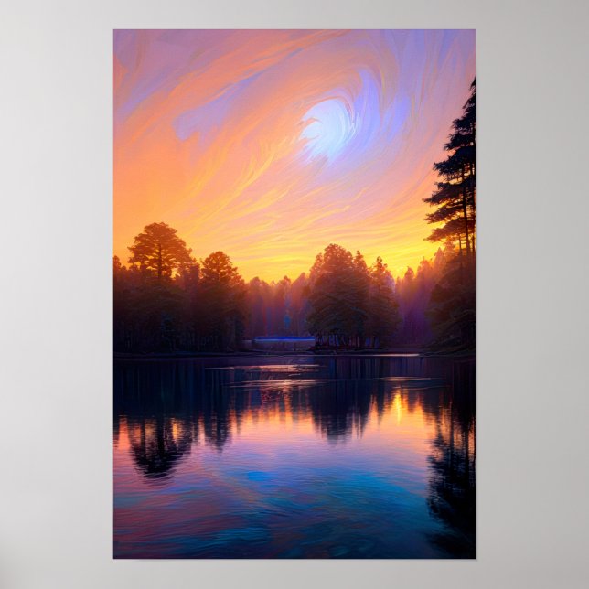 Poster Coucher de soleil doré sur le lac Calm (Devant)