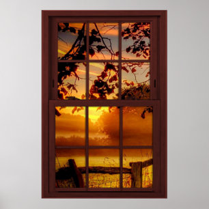 Poster Coucher de soleil en automne Faux Cherry Wood Wind