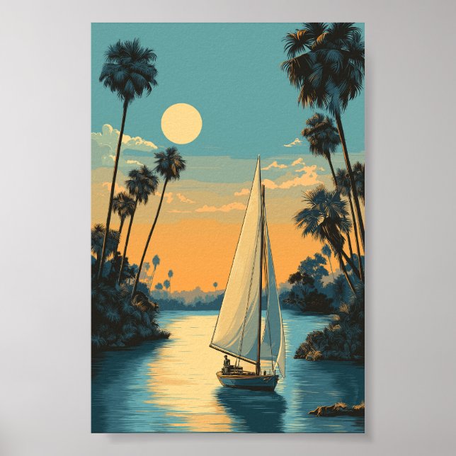Poster Coucher de soleil en voilier tropical - Palm Tree  (Devant)