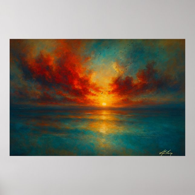 Poster Coucher de soleil enflammé sur une mer tranquille  (Devant)