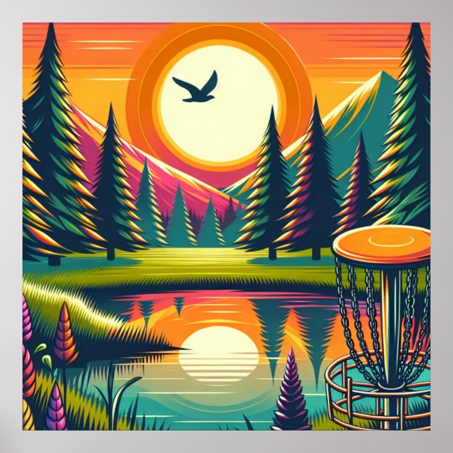 Poster Coucher de soleil et arbres de golf de Disc Rétro (Devant)