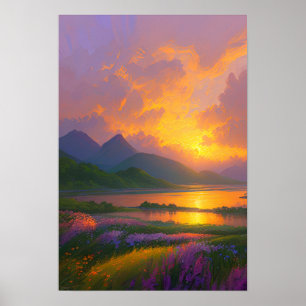 Poster Coucher de soleil flamboyant, Beau lac aux berges 