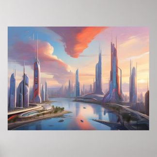 Poster Coucher de soleil futuriste : Un paysage technolog