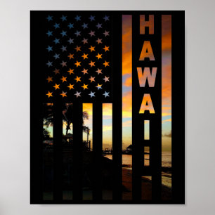 Poster Coucher de soleil Hawaï Drapeau américain Honolulu