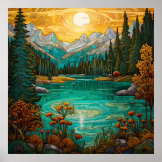 Poster Coucher de soleil Lac Alpin Beauté avec la montagn