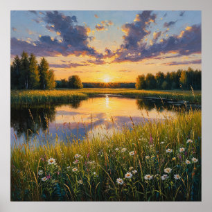 Poster Coucher de soleil lumineux et tranquille sur un la