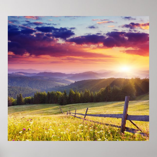 Poster Coucher de soleil majestueux dans les montagnes (Devant)