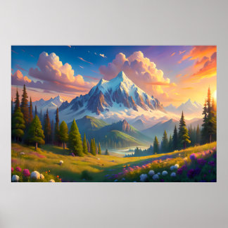 Poster Coucher de soleil montagne | Décor Nature