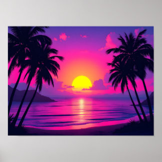 Poster Coucher de soleil néon sur une paume – Esthétique