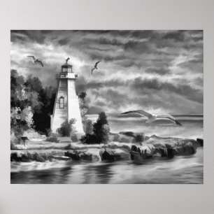 Poster Coucher de soleil noir et blanc Ocean Lighthouse