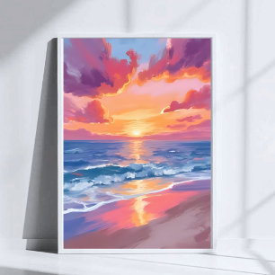Poster Coucher de soleil océanique Aquarelle Vagues Peint
