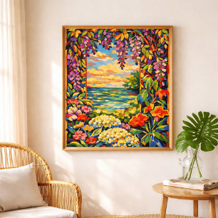 Poster coucher de soleil océanique floral vibrant