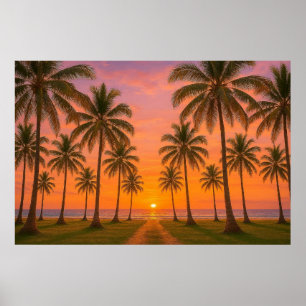 Poster Coucher de soleil orange doré sur une plage tropic