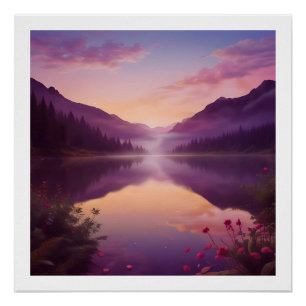 Poster Coucher de soleil paisible sur un lac de montagne