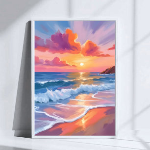 Poster Coucher de soleil pastel sur l'océan   Peinture co