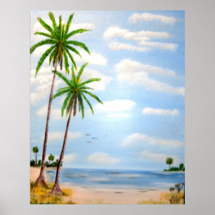 Poster coucher de soleil, plage, phare, palmier, tropical