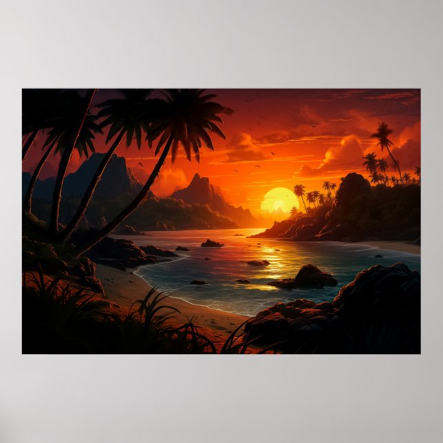 Poster Coucher de soleil poétique sur la plage tropicale  (Devant)