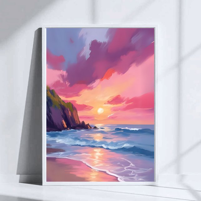Poster Coucher de soleil rose Océan Vagues de plage Aquar (Créateur téléchargé)