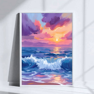 Poster Coucher de soleil rose violet   Aquarelle reflets 