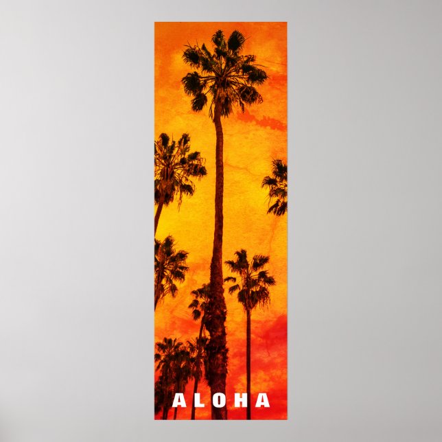 Poster Coucher de soleil rouge Aloha Hawaii Palmiers Trop (Devant)