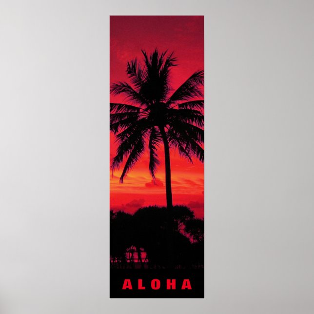 Poster Coucher de soleil rouge Aloha Hawaii Palmiers Trop (Devant)