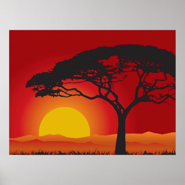 Poster Coucher De Soleil Rouge Briliant Sous Le Bonsai Tr (Devant)