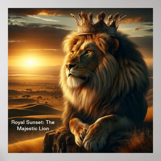 Poster Coucher de soleil royal : le lion majestueux (Devant)