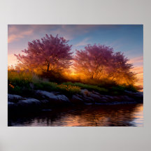 Coucher de soleil Sakura : Riverside Reverie