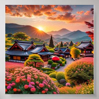 Poster Coucher De Soleil Serein Sur Jardin Japonais, Pays