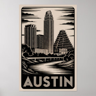 Poster Coucher de soleil sur Austin Texas Gravure sur boi