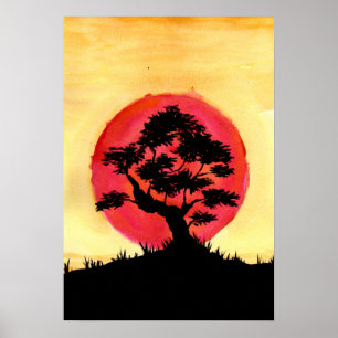 Poster Coucher de soleil sur Bonsaï