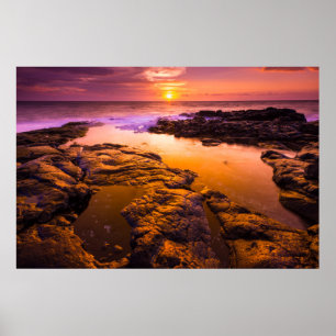 Poster Coucher de soleil sur des bassins à marée, Hawaï