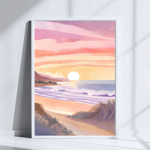 Poster Coucher de soleil sur la mer rose   Peinture aquar