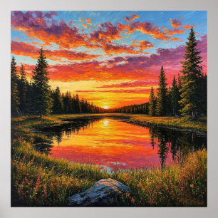 Poster Coucher de soleil sur la rivière tranquille de la