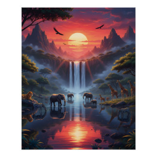 Poster Coucher de soleil sur la Serengeti : une oasis fau