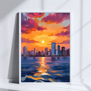 Poster Coucher de soleil sur la skyline de la ville en aq