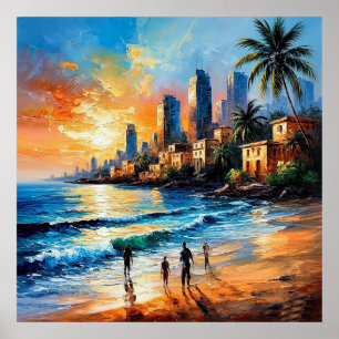 Poster Coucher de soleil sur la ville côtière