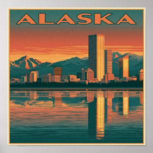 Poster Coucher de soleil sur la ville d'Alaska