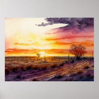 Poster Coucher De Soleil Sur L'Aquarelle Des Prairies
