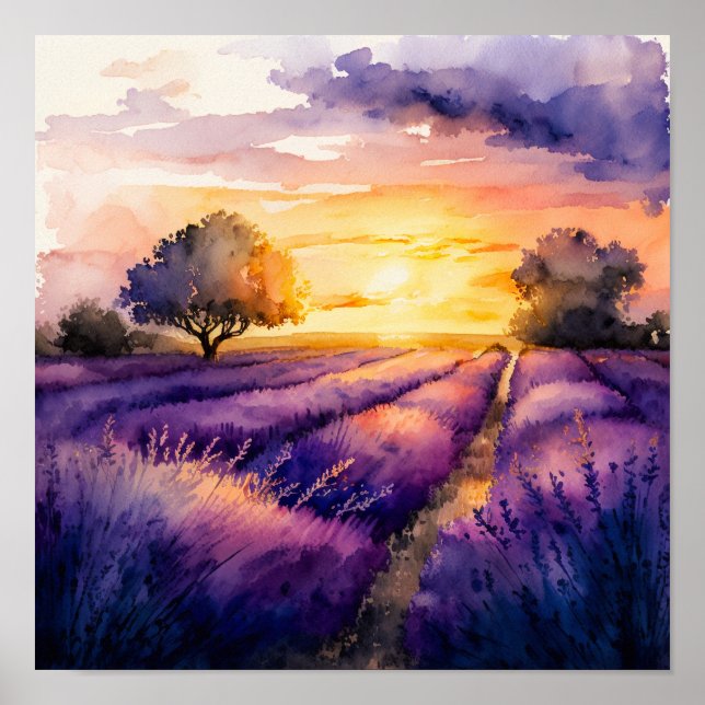 Poster Coucher de soleil sur l'aquarelle du champ de lava (Devant)