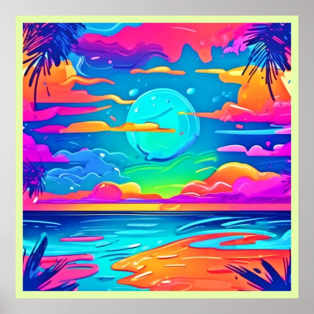 Poster Coucher de soleil sur le néon au-dessus des vagues (Devant)