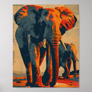 Poster Coucher de soleil sur l'éléphant vintage : Sérénit