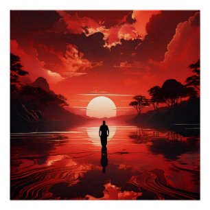 Poster Coucher De Soleil Sur Les Eaux Calmes - Rouge Fier