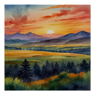Poster Coucher de soleil sur les montagnes Aquarelle