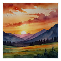 Coucher de soleil sur les montagnes Aquarelle