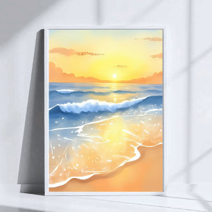 Poster Coucher de soleil sur les vagues de l'océan   Aqua