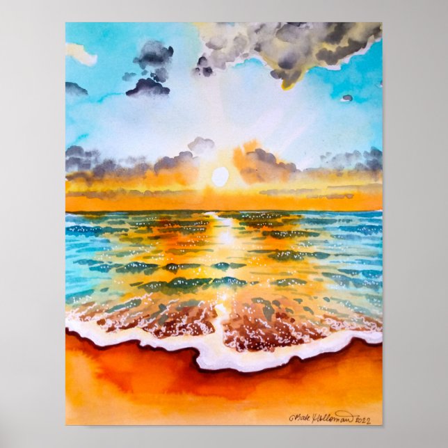 Poster Coucher de soleil sur l'océan - Aquarelle Art Impr (Devant)